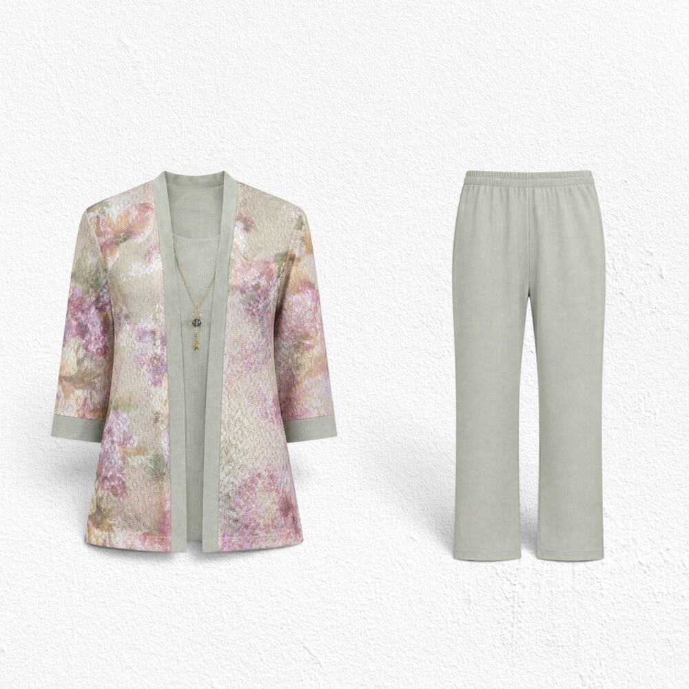 Y2K Sage Floral Lace Pant Suit Petite Size 14P Mother of Bride USA Made Necklace